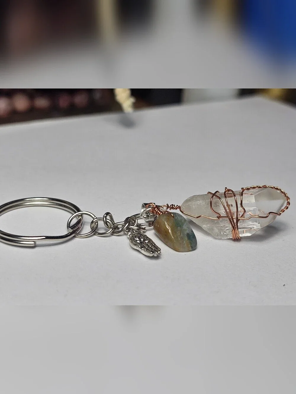 Handmade Clear Crystal Wire-Wrap Keychain with Stone Accent
